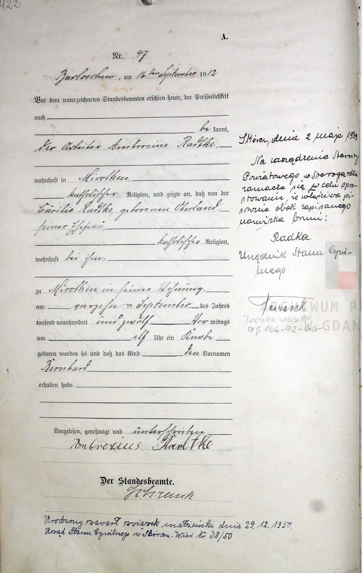 Akt urodzenia – Bernard Radka