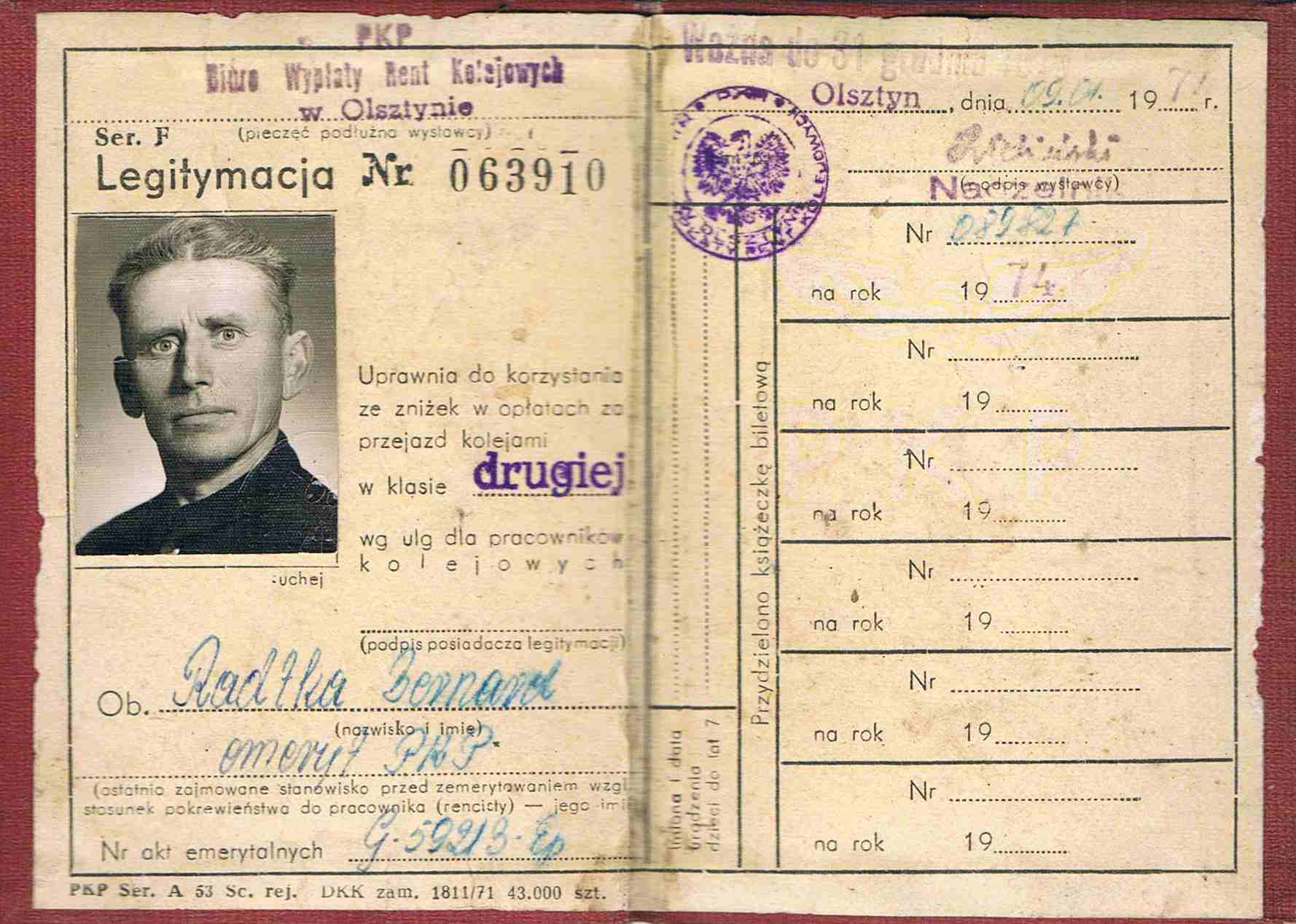 Legitymacja rencisty kolejowego – Bernard Radka