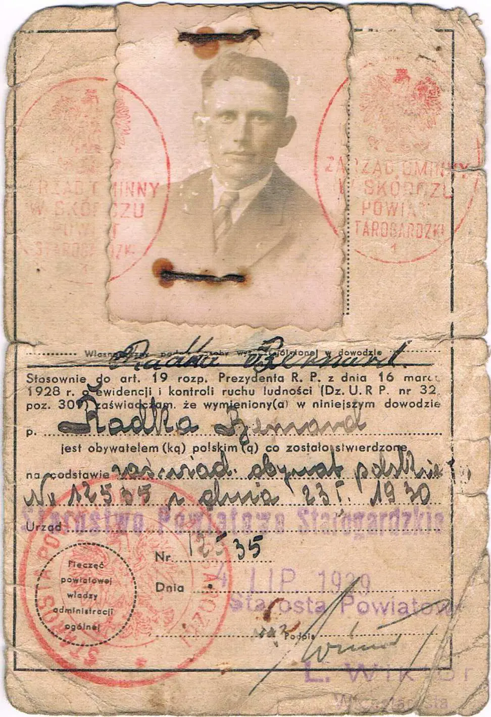 Dowód osobisty Bernarda Radki z 1939 roku
